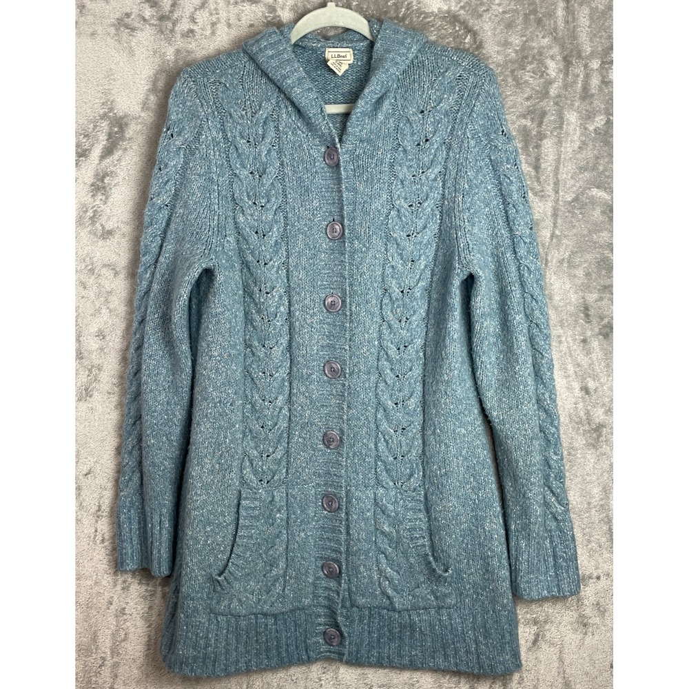 LL Bean Cardigan Sweater Women's L Blue Wool Blend Long Shawl Collar Fisherman